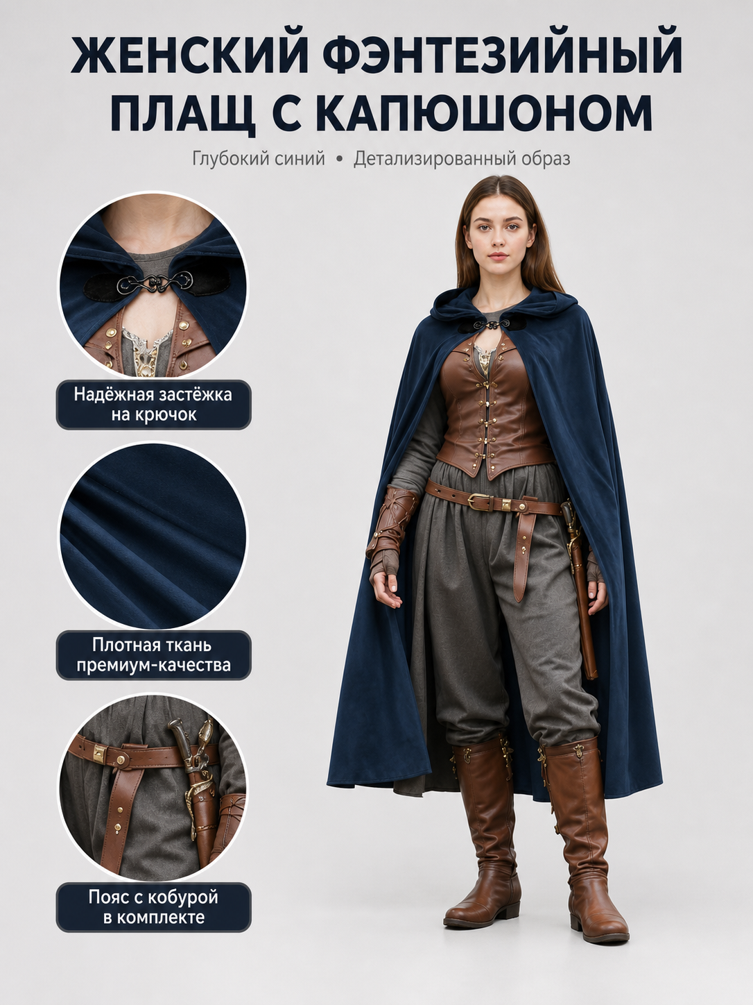 Dark Blue Hooded Costume Cloak
