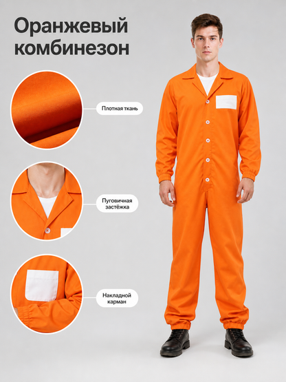 Adult Orange Prisoner-Style Costume Jumpsuit, Long Sleeve One-Piece Uniform with Pointed Collar, Front Buttons and Chest Patch for Costume Parties