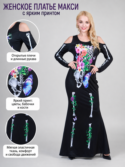 Sleeved Maxi Dress with Gothic Skeleton Print