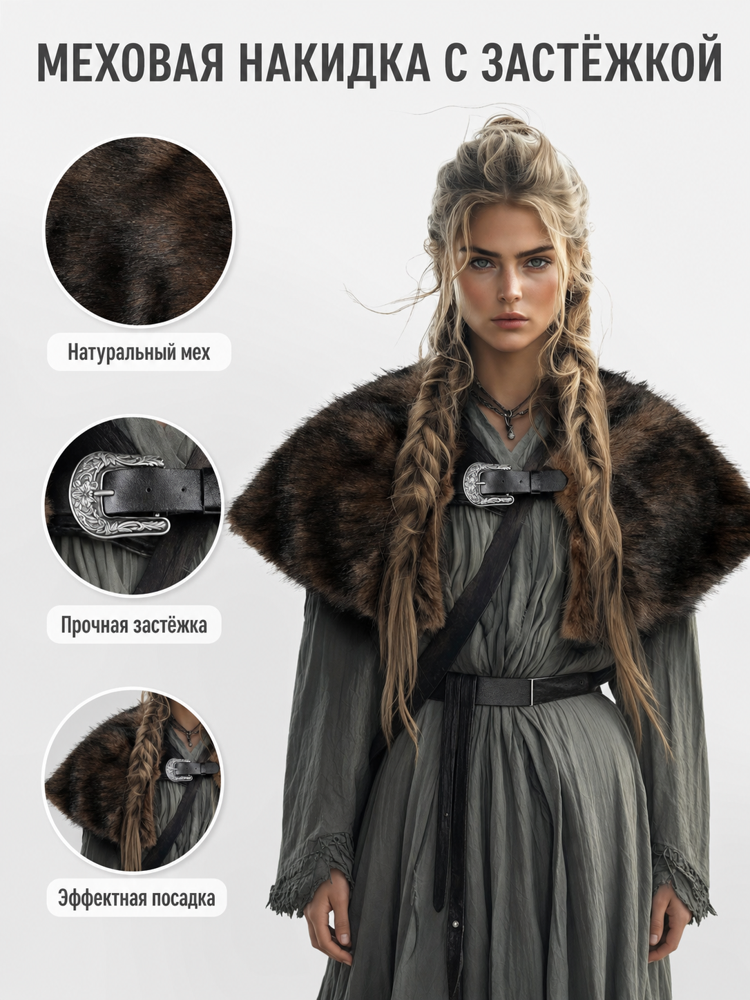 Fur Shoulder Shawl with Buckle, Brown