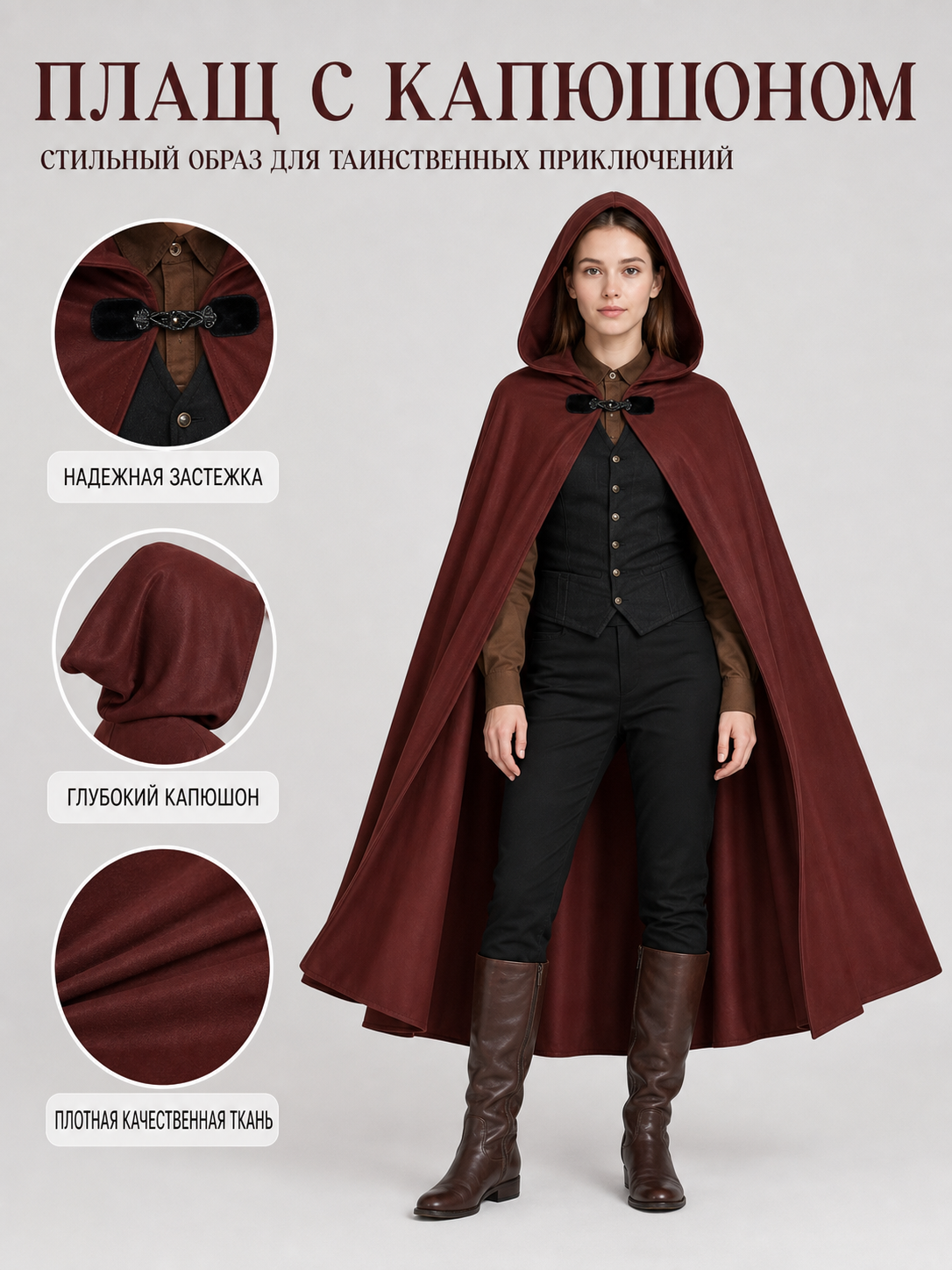 Burgundy Hooded Carnival Cloak for Cosplay