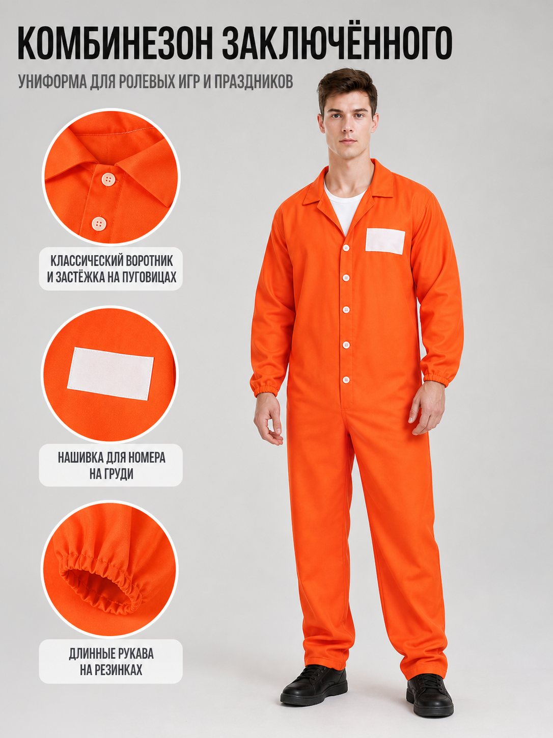 Information card about the orange coverall, showing its collar, chest number patch, and elastic cuffs alongside a model wearing it