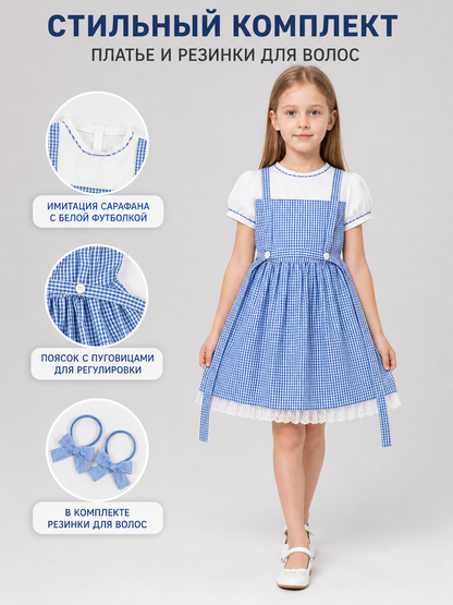 Blue-and-White Plaid Cosplay Pinafore Dress