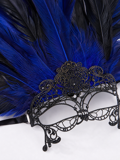 Carnival Headpiece with Blue-and-Black Feathers and Mask detail view 2