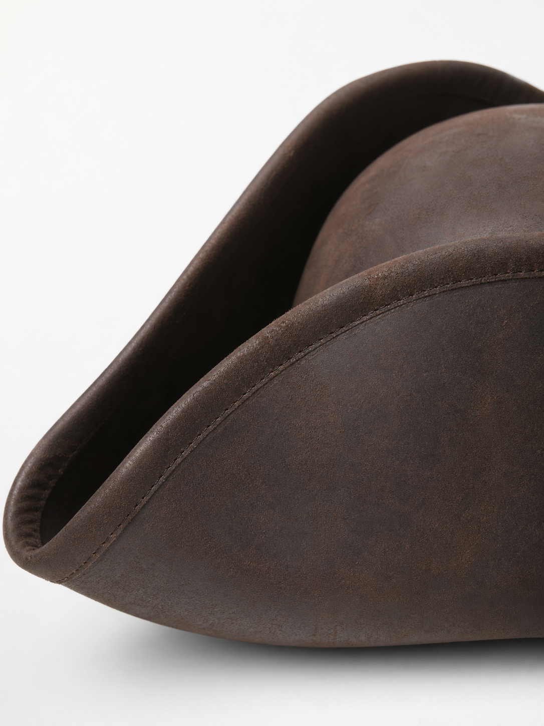 Dark Brown Tricorn Pirate Hat, Three-Cornered Structured Crown with Broad Curved Upturned Brim and Stitched Edging for Cosplay Costumes, Theatrical Performances and Fantasy Events