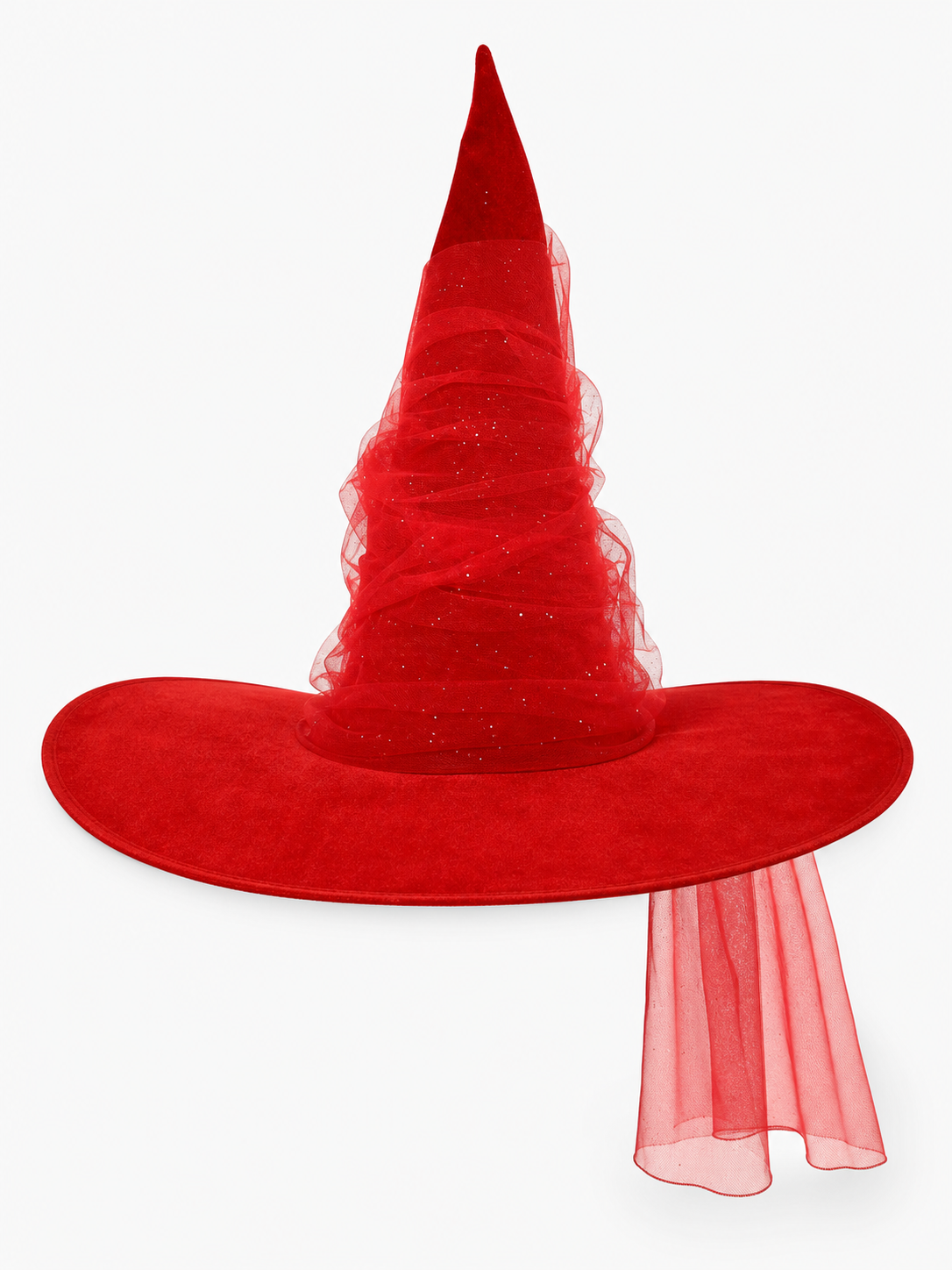 Red Halloween Witch Hat Tall Pointed Cone Wide Curved Brim Sheer Layered Glitter Speckled Costume Accessory for Parties and Photography