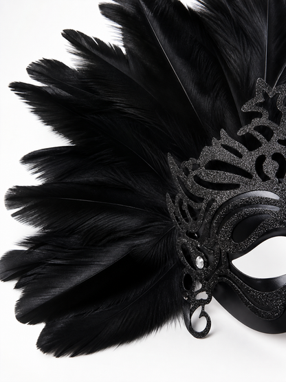 Carnival headpiece with black feathers and a mask