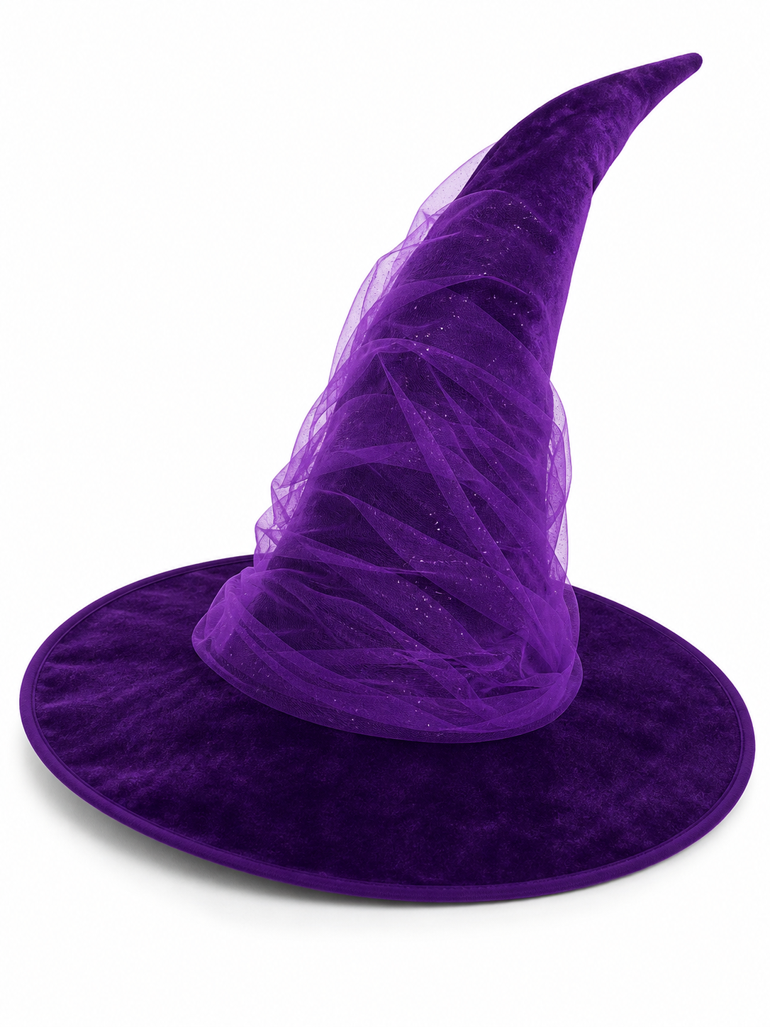 1pc Purple Halloween Witch Hat Wide Brim Crooked Pointed Crown With Sheer Mesh Veil Glitter Detail Costume Accessory