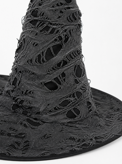 Gray Black Halloween Witch Hat For Women Wide Brim Curved Pointed Tattered Torn