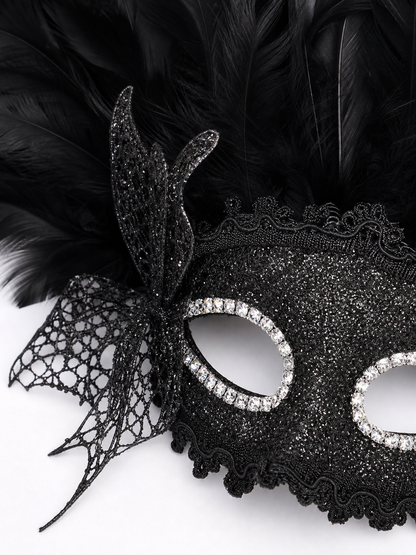 Carnival Mask with Black Feathers and Glitter
