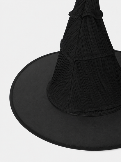Matte Black Halloween Witch Hat Tall Pointed Crown Wide Curved Floppy Brim Ruched Costume Accessory for Cosplay Party Stage Dress Up