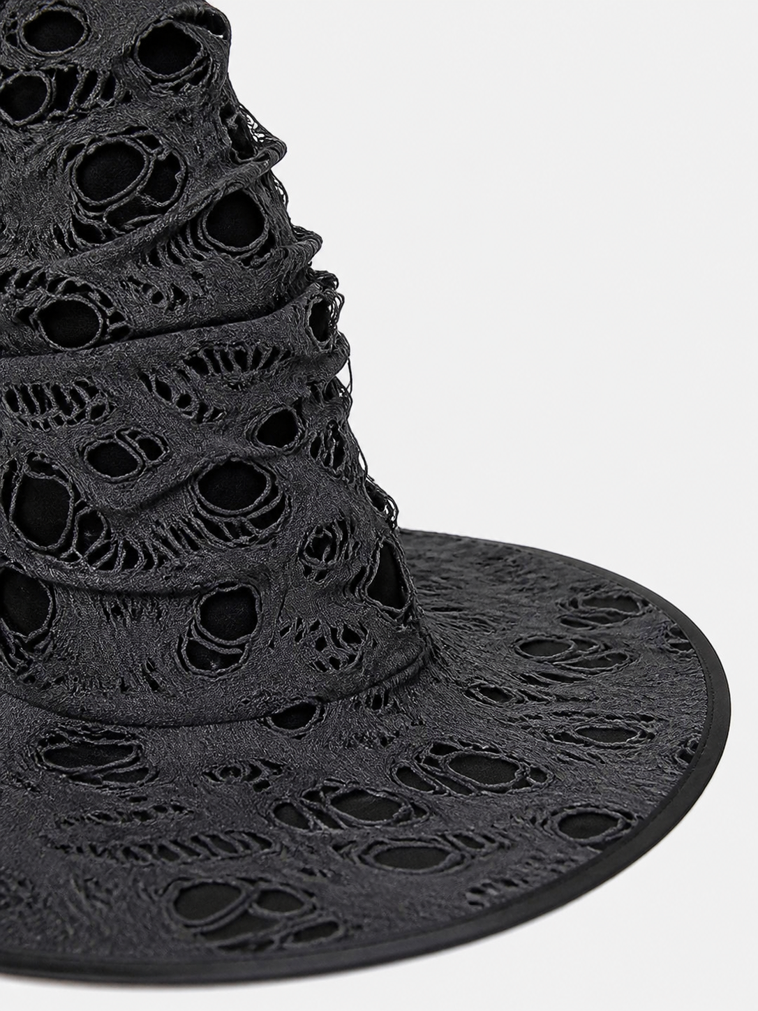 Gray Black Halloween Witch Hat For Women Wide Brim Curved Pointed Tattered Torn detail view 3
