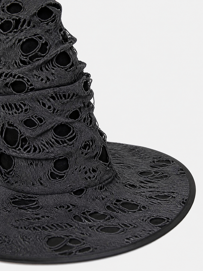 Gray Black Halloween Witch Hat For Women Wide Brim Curved Pointed Tattered Torn detail view 3