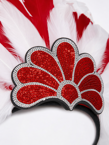 Carnival headpiece with red and white feathers