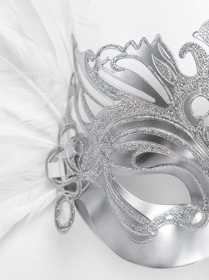 1pc White Feather Mask with Silver Lace Hollow Out, Crown Headdress for Vintage