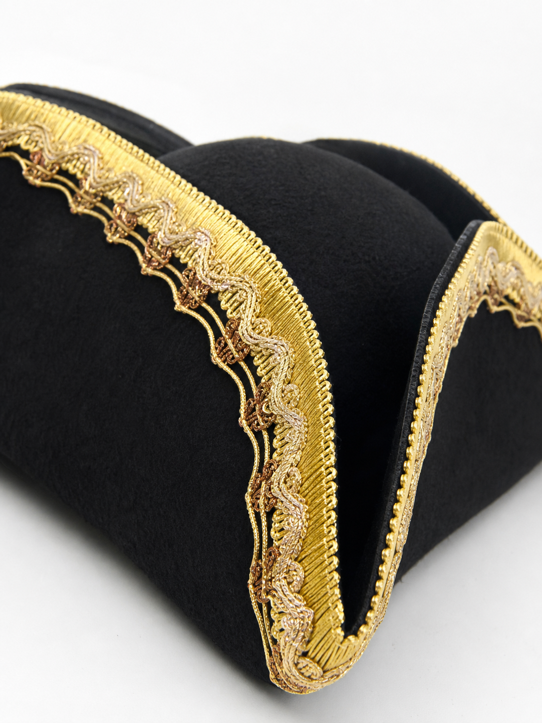 Black and Gold Trim Pirate Hat, Wide Curved Tricorn Costume Headpiece with Structured Crown for Cosplay, Costume Parties and Themed Events