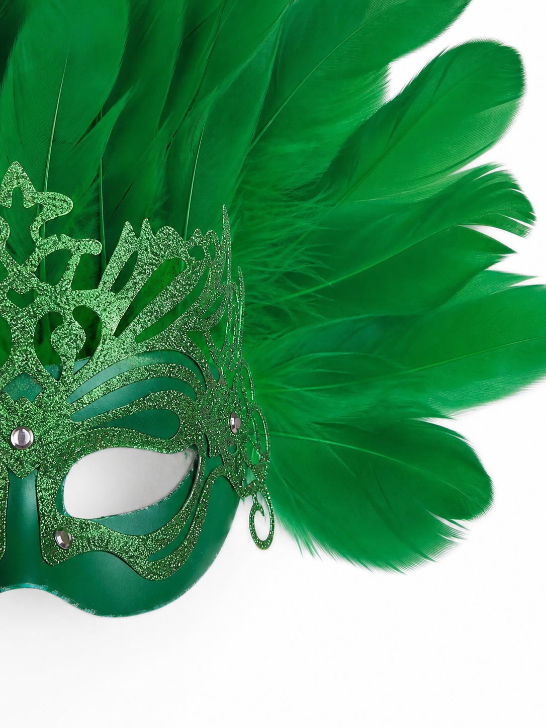 Carnival Mask with Green Feathers and Glitter