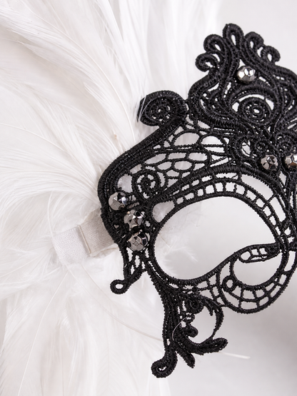 Masquerade Lace Eye Mask with White Feathers