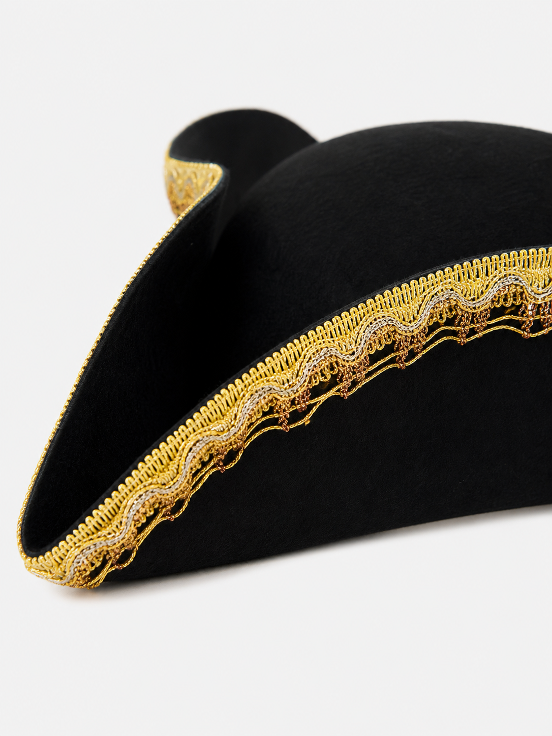 Black and Gold Trim Pirate Hat, Wide Curved Tricorn Costume Headpiece with Structured Crown for Cosplay, Costume Parties and Themed Events