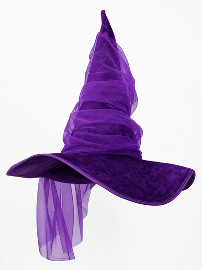 Purple Halloween Witch Hat for Women and Men, Tall Pointed Wide Floppy Brim with Layered Sheer Mesh Draping and Glitter-Like Specks for Cosplay Costume Party