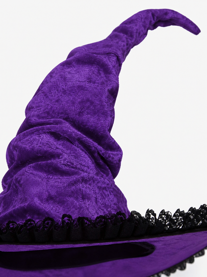 Halloween Witch Hat, Tall Curved Pointed Crown, Wide Irregular Brim, Deep Purple Gothic Style with Black Trim for Cosplay and Themed Parties