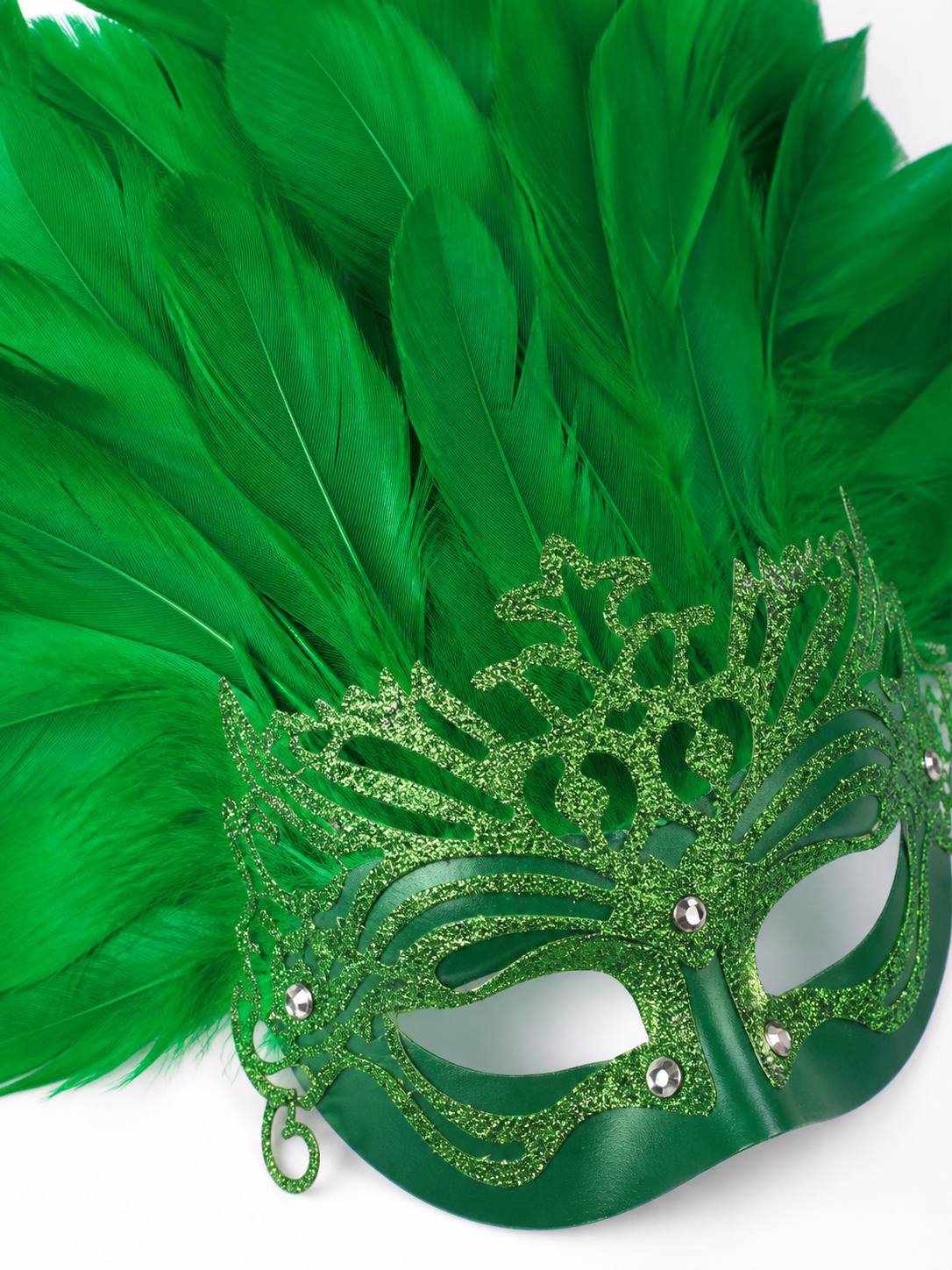 Carnival Mask with Green Feathers and Glitter