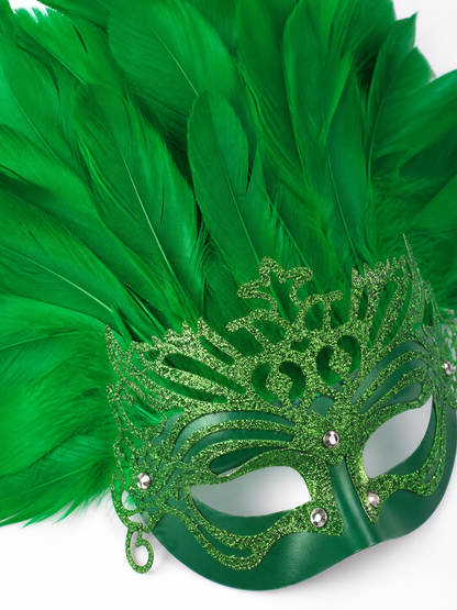 Carnival Mask with Green Feathers and Glitter