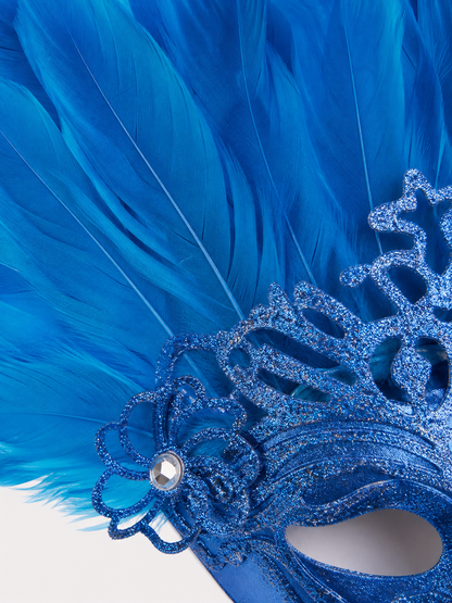 Carnival Mask with Blue Feathers and Glitter