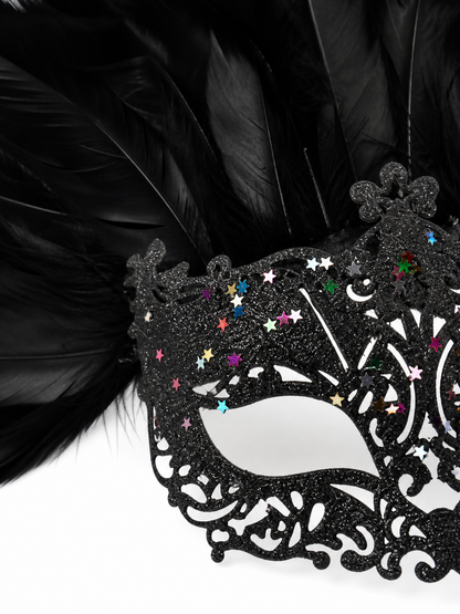 Masquerade Mask with Black Feathers and Glitter