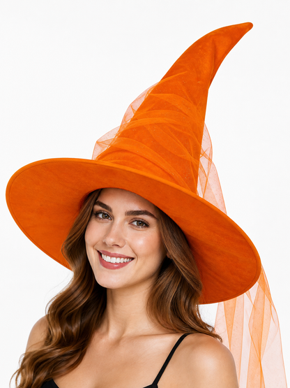 Orange Halloween Witch Hat with Very Tall Curved Pointed Crown, Wide Wavy Brim and Attached Sheer Veil for Costume Parties