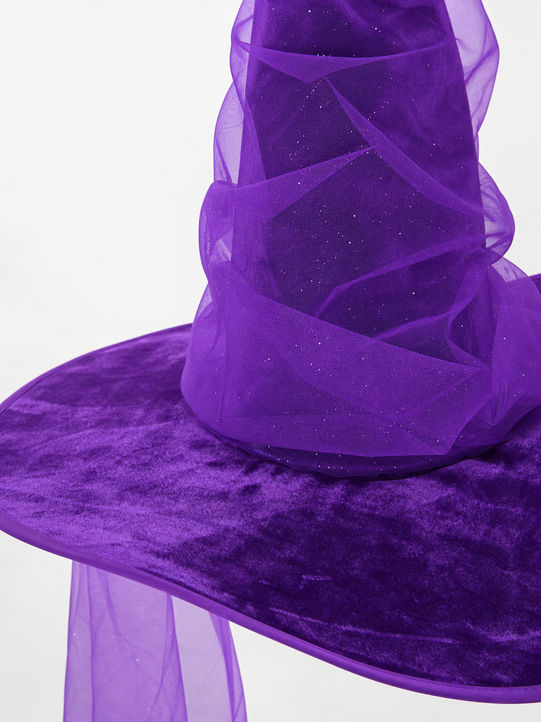 Purple Halloween Witch Hat for Women and Men, Tall Pointed Wide Floppy Brim with Layered Sheer Mesh Draping and Glitter-Like Specks for Cosplay Costume Party