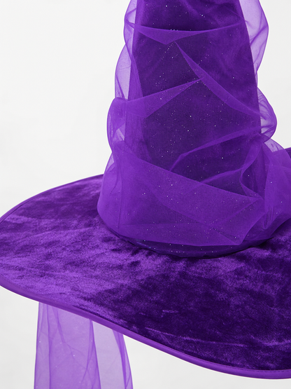 Purple Halloween Witch Hat for Women and Men, Tall Pointed Wide Floppy Brim with Layered Sheer Mesh Draping and Glitter-Like Specks for Cosplay Costume Party