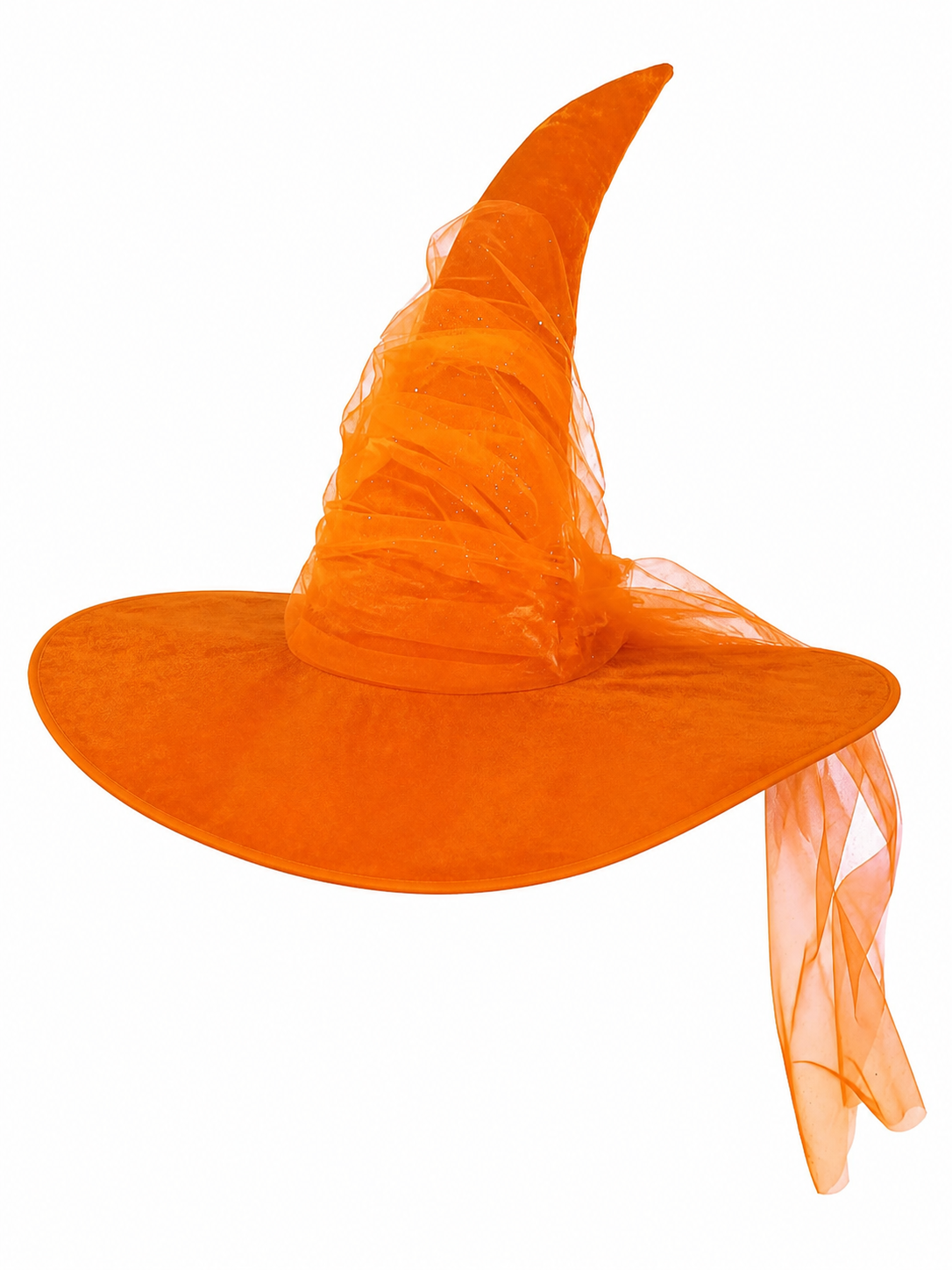 Orange Halloween Witch Hat, Tall Curved Pointed Crown, Wide Floppy Brim, Sheer Mesh Draping, Costume Accessory for Parties