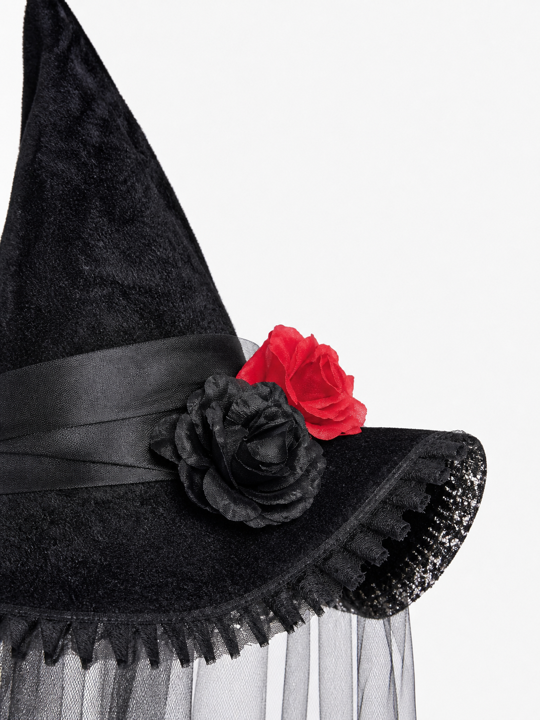 Black Halloween Witch Hat with Red Rose, Wide Brim, Tall Pointed Crown and Sheer Veil for Costume Parties and Photo Shoots