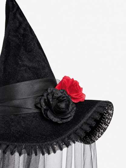 Black Halloween Witch Hat with Red Rose, Wide Brim, Tall Pointed Crown and Sheer Veil for Costume Parties and Photo Shoots