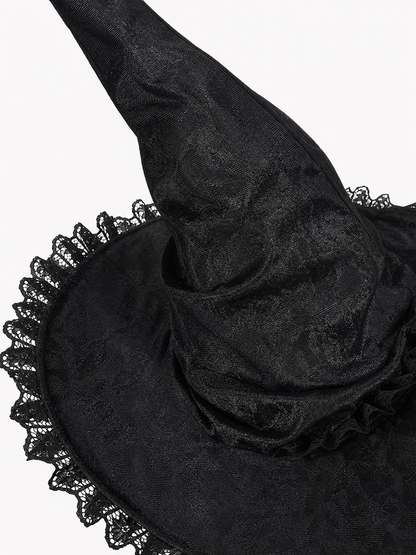 Black Halloween Witch Hat with Tall Crooked Pointed Crown, Wide Brim, Ruched Textured Velvet-Like Fabric and Lace Trim Gothic Costume Accessory for Cosplay Party Photo Shoot