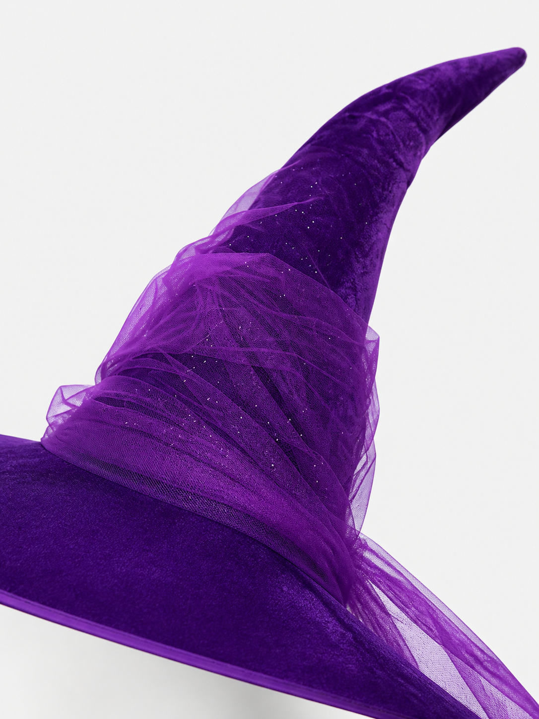 1pc Purple Halloween Witch Hat Wide Brim Crooked Pointed Crown With Sheer Mesh Veil Glitter Detail Costume Accessory