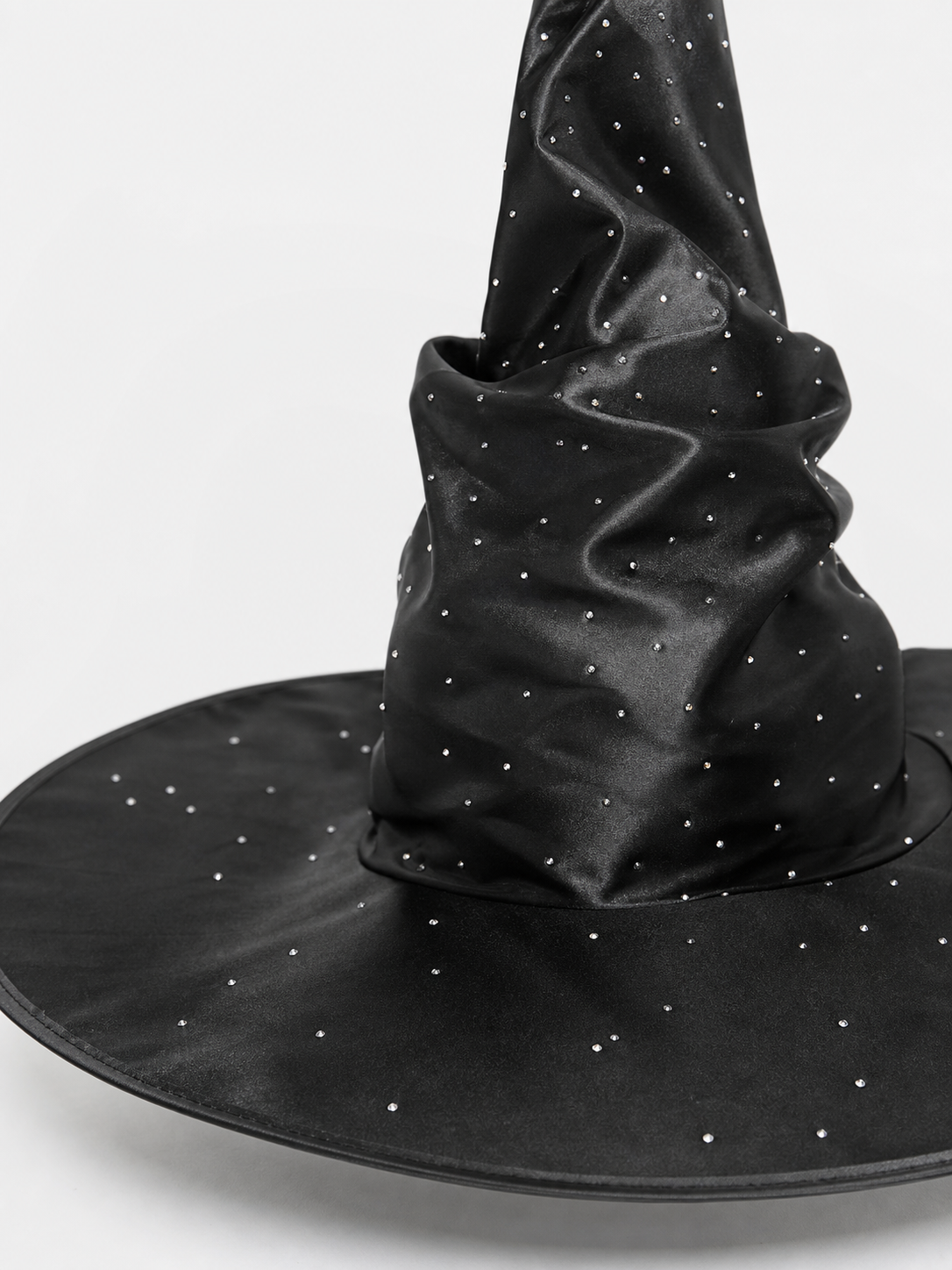 Black Halloween Witch Hat Pointed Wide Brim Ruched Crown With Silver-White Dot Embellishments Costume Accessory