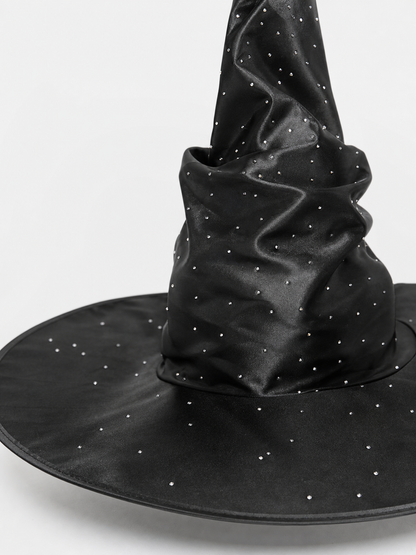 Black Halloween Witch Hat Pointed Wide Brim Ruched Crown With Silver-White Dot Embellishments Costume Accessory