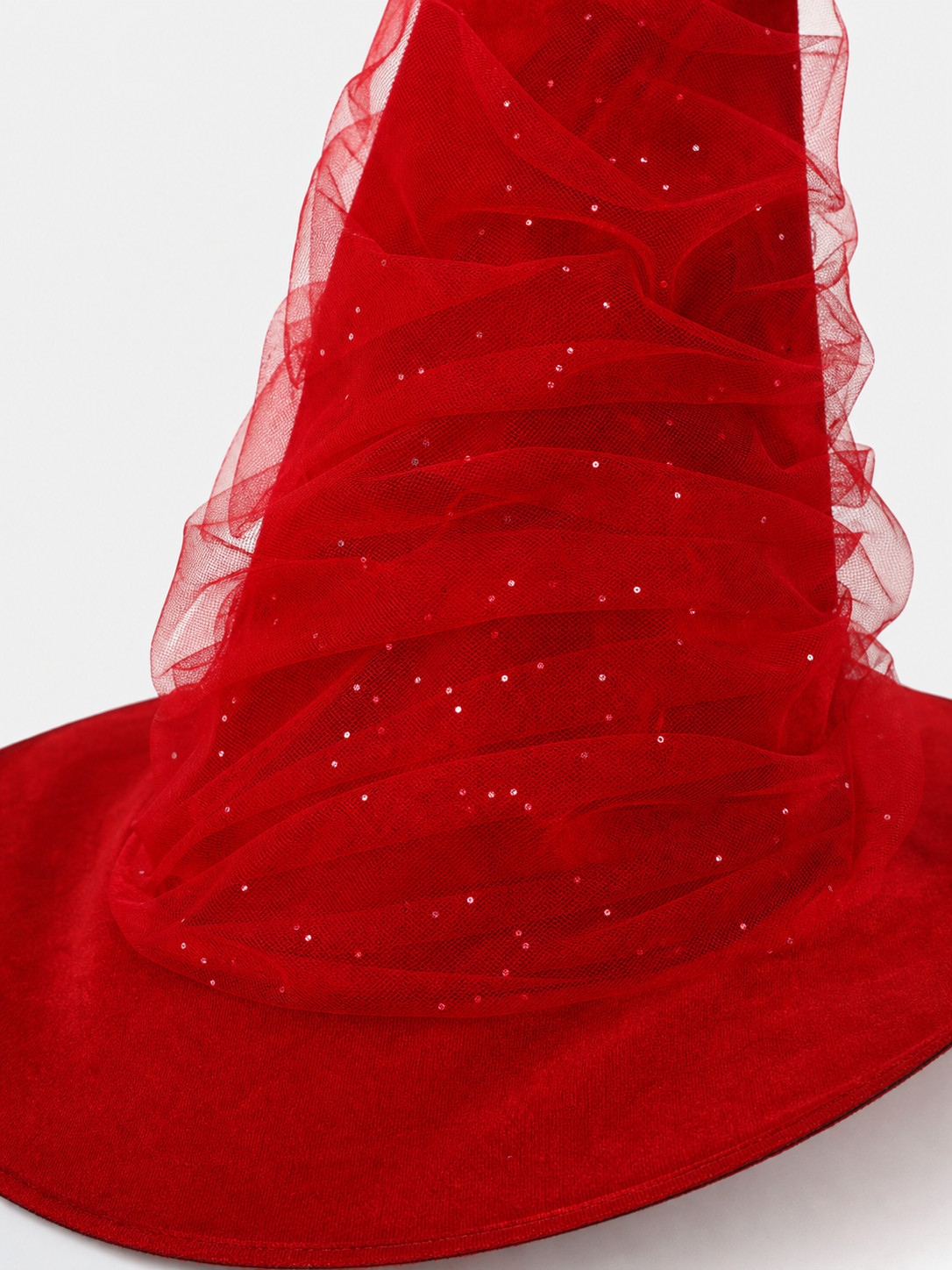 Red Halloween Witch Hat Tall Pointed Cone Wide Curved Brim Sheer Layered Glitter Speckled Costume Accessory for Parties and Photography