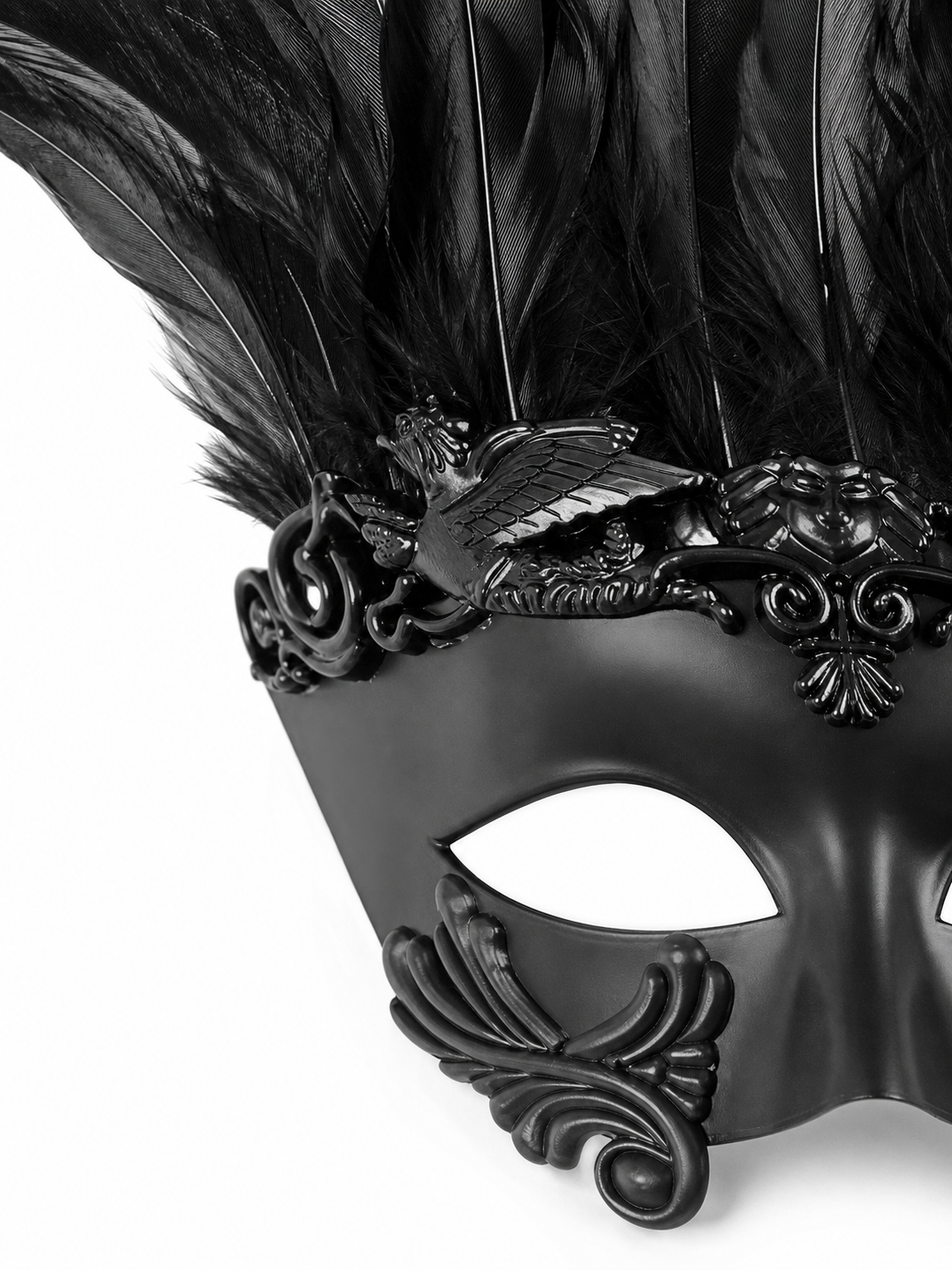 Baroque-Style Carnival Mask with Black Feathers detail view