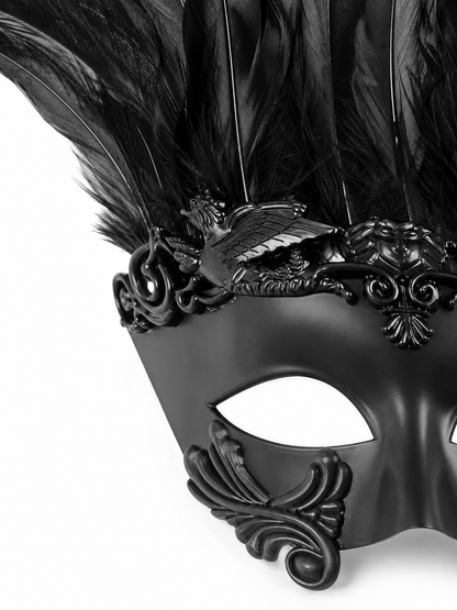 Baroque-Style Carnival Mask with Black Feathers detail view