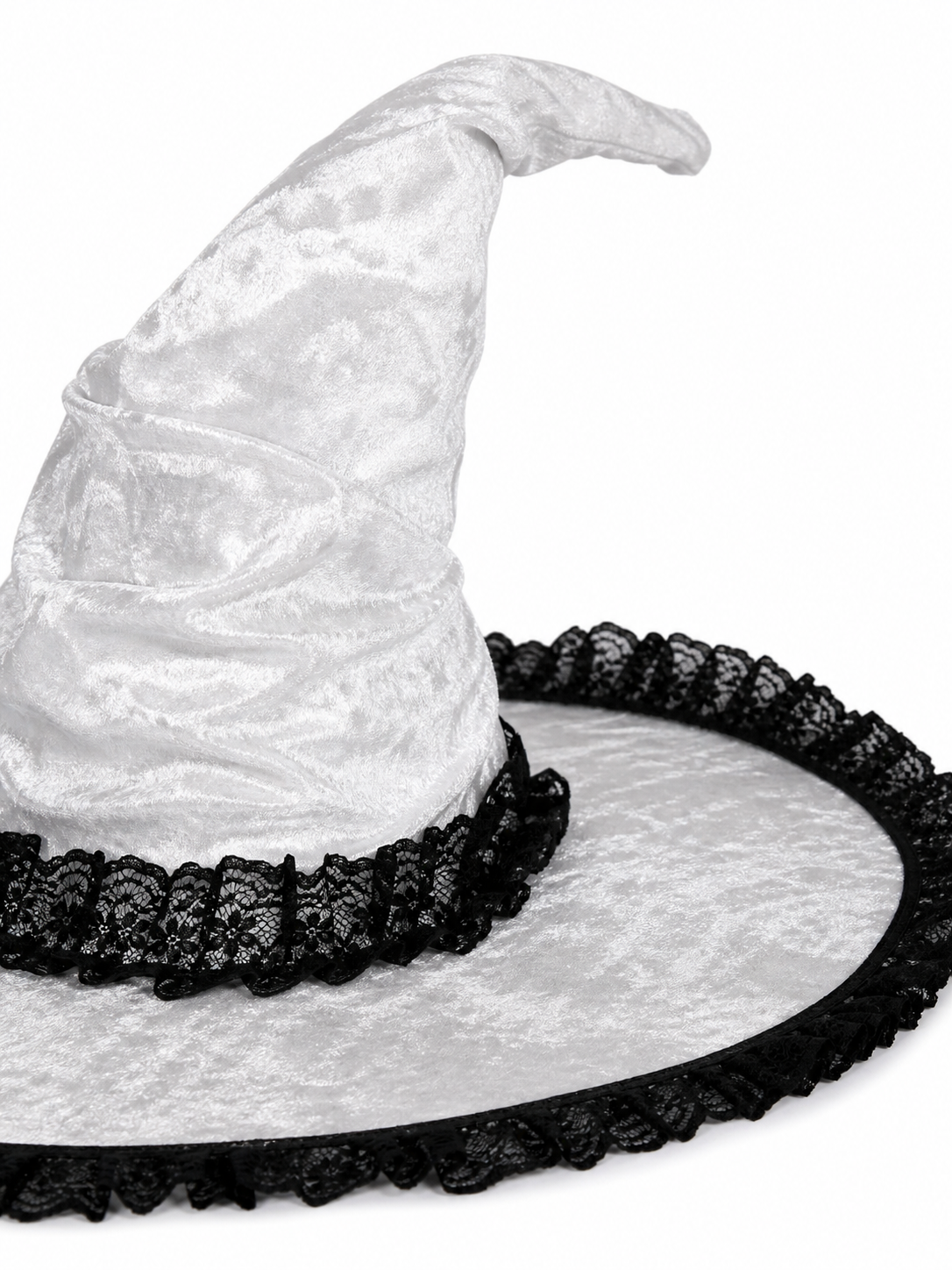 Light Gray White Halloween Witch Hat with Black Lace Trim, Tall Bent Pointed Crown and Wide Brim for Witch Cosplay Costume Party