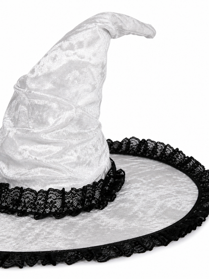 Light Gray White Halloween Witch Hat with Black Lace Trim, Tall Bent Pointed Crown and Wide Brim for Witch Cosplay Costume Party