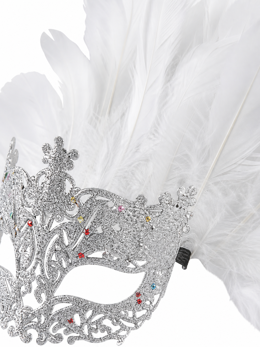 Masquerade Mask with White Feathers and Glitter