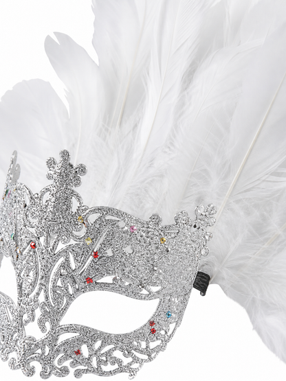 Masquerade Mask with White Feathers and Glitter
