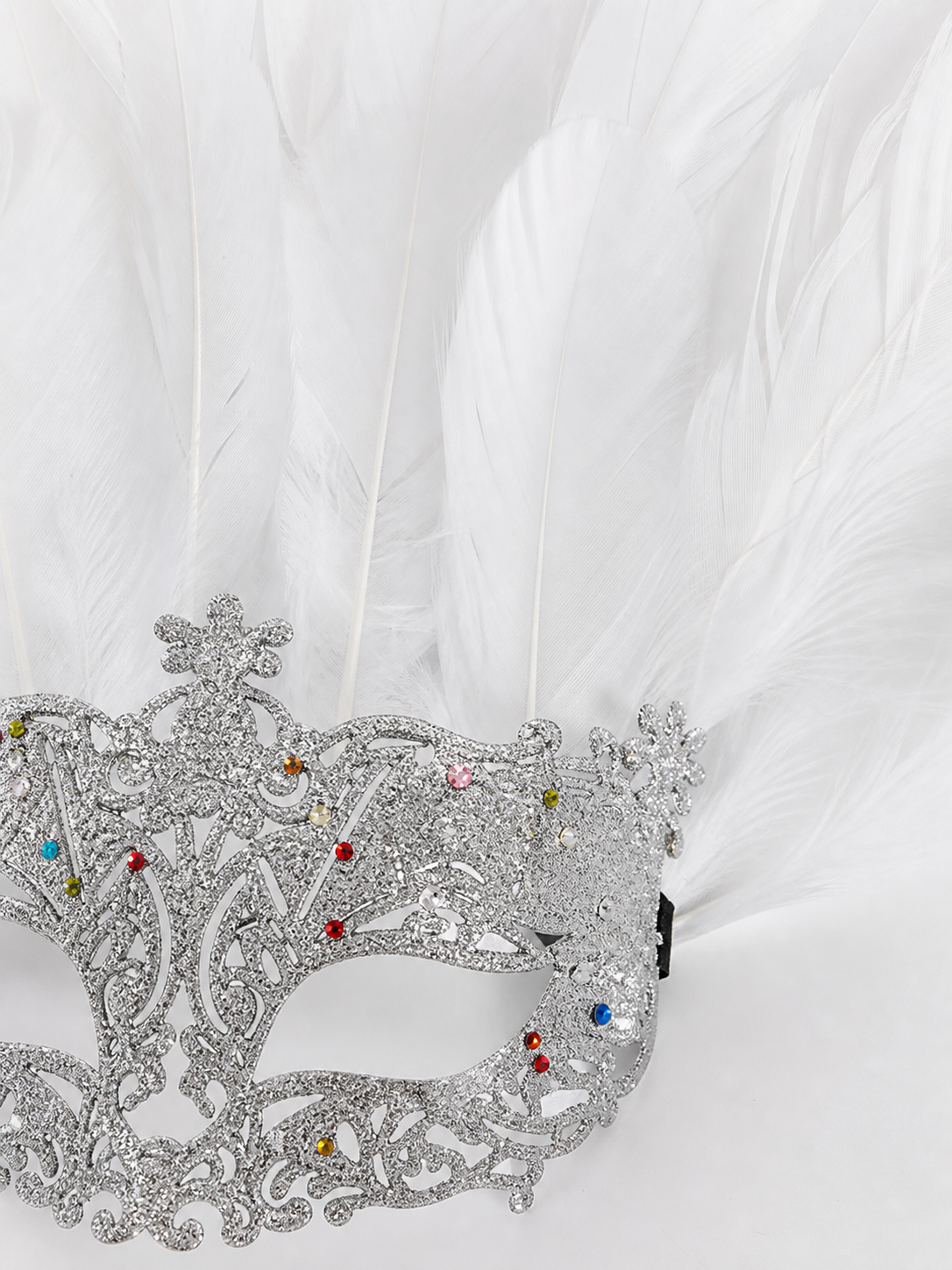 Masquerade Mask with White Feathers and Glitter