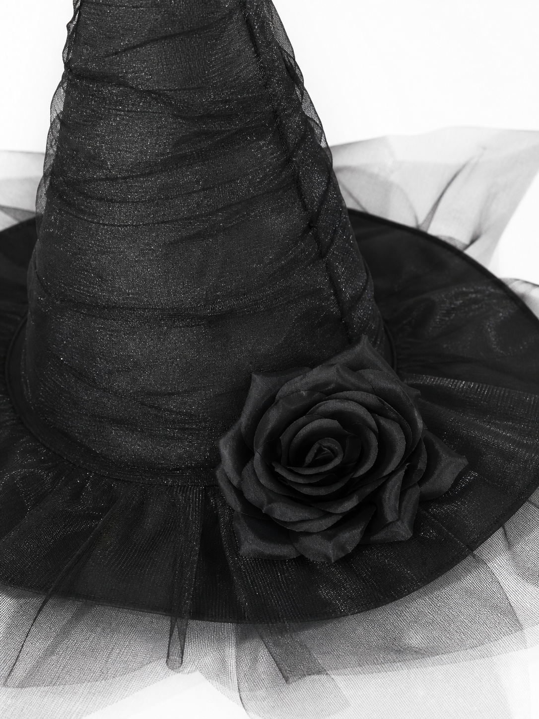 Black Halloween Witch Hat with Black Rose, Tall Pointed Wide Brim Mesh Costume Hat for Gothic Parties and Decorations