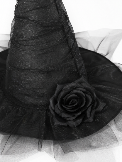 Black Halloween Witch Hat with Black Rose, Tall Pointed Wide Brim Mesh Costume Hat for Gothic Parties and Decorations