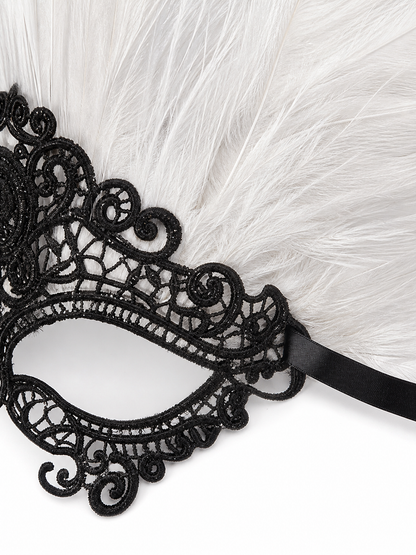 Masquerade Lace Eye Mask with White Feathers
